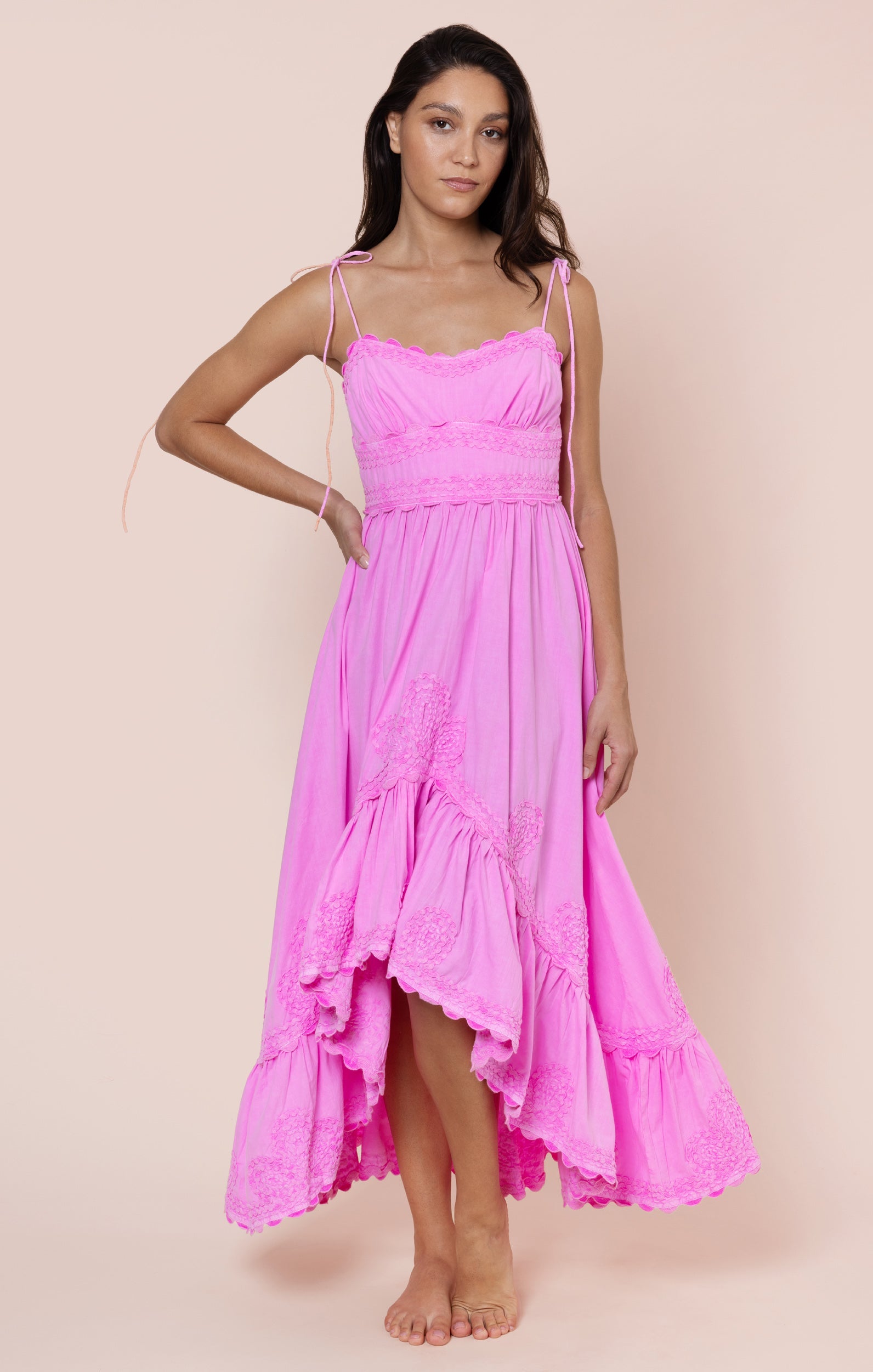 Hibiscus Poplin High-Low Dress with Ric Rac Embroidery