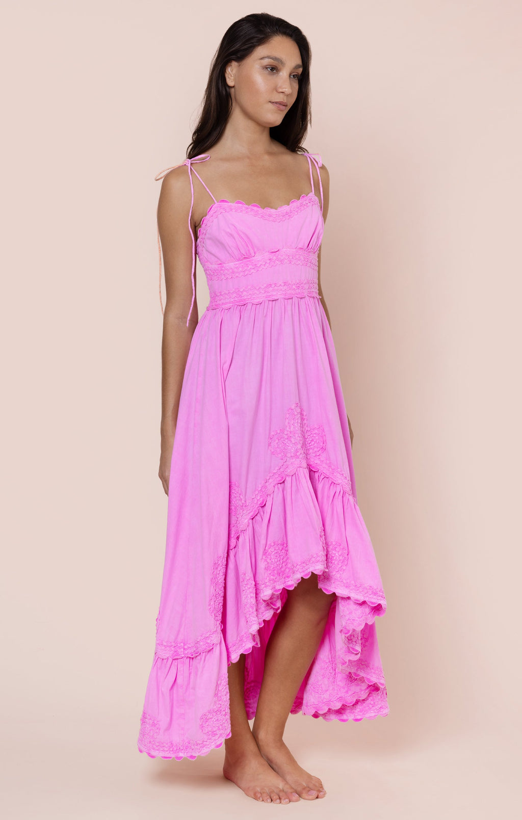 Hibiscus Poplin High-Low Dress with Ric Rac Embroidery