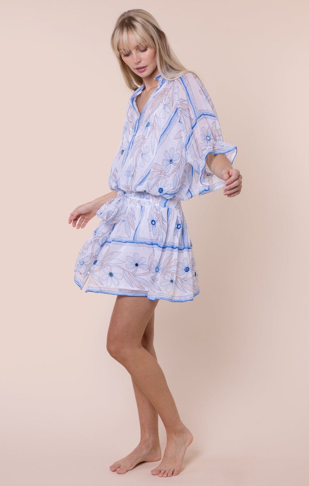 White & Blue Johri Print Blouson Dress with Mirrors
