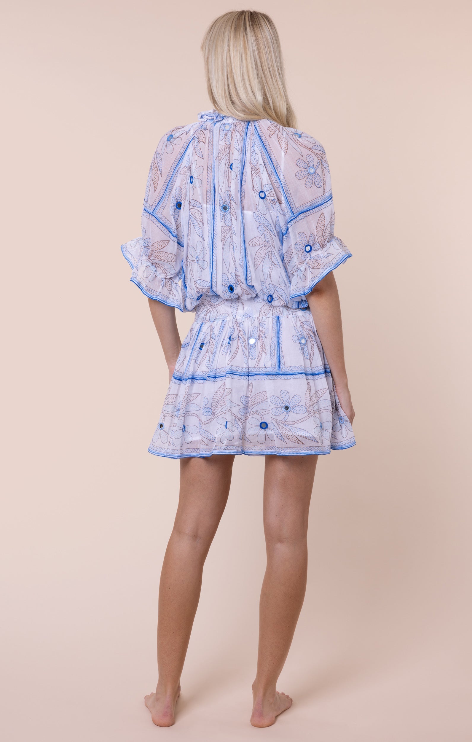 White & Blue Johri Print Blouson Dress with Mirrors