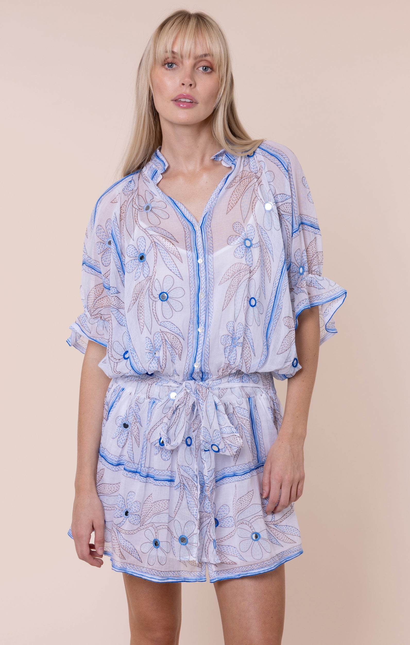 White & Blue Johri Print Blouson Dress with Mirrors