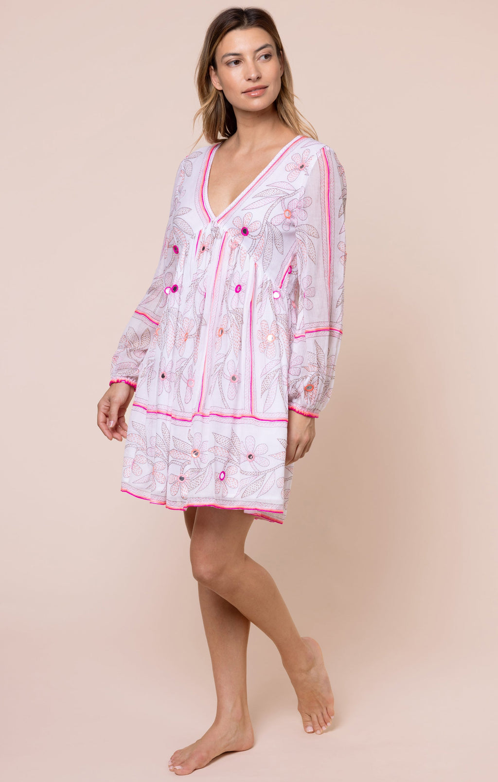 White & Pink Johri Print Bell Sleeve Dress with Mirrors