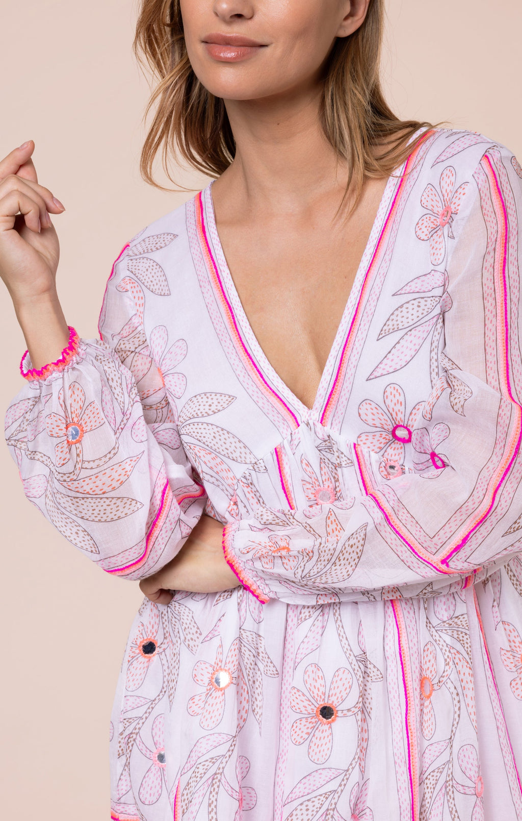 White & Pink Johri Print Bell Sleeve Dress with Mirrors