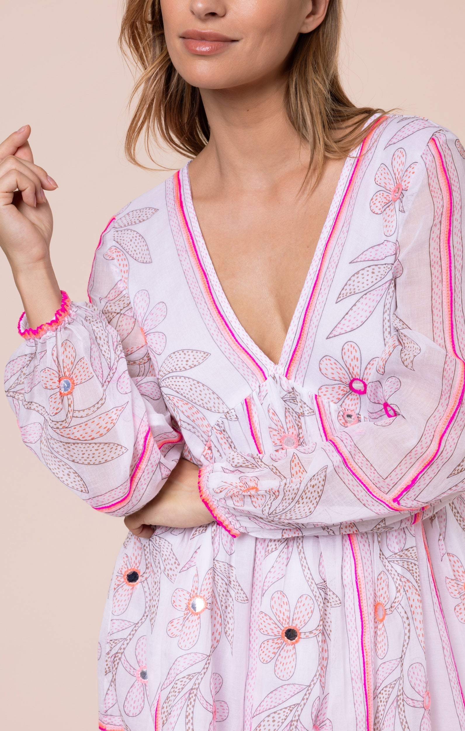 White & Pink Johri Print Bell Sleeve Dress with Mirrors