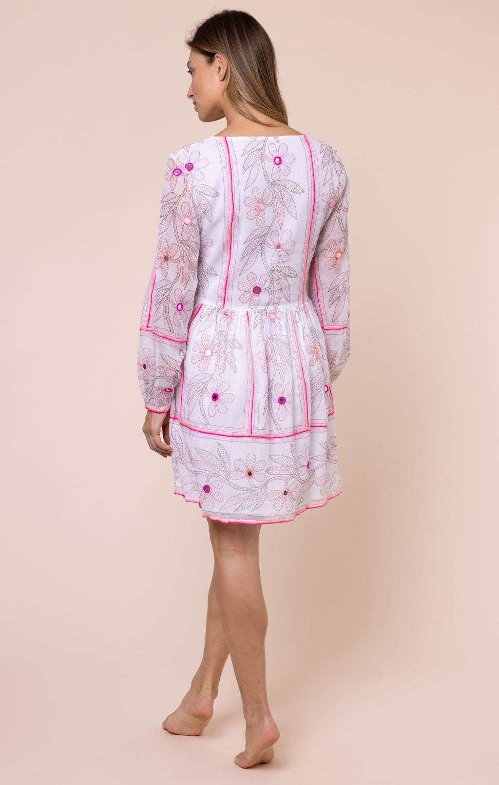 White & Pink Johri Print Bell Sleeve Dress with Mirrors