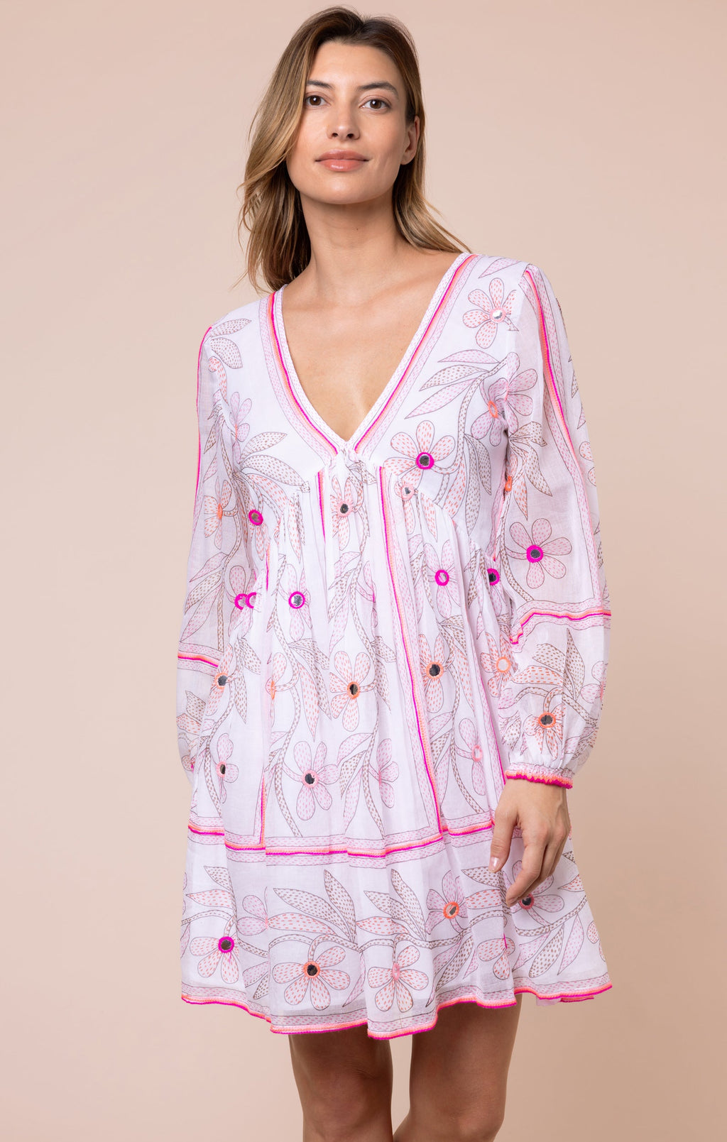 White & Pink Johri Print Bell Sleeve Dress with Mirrors