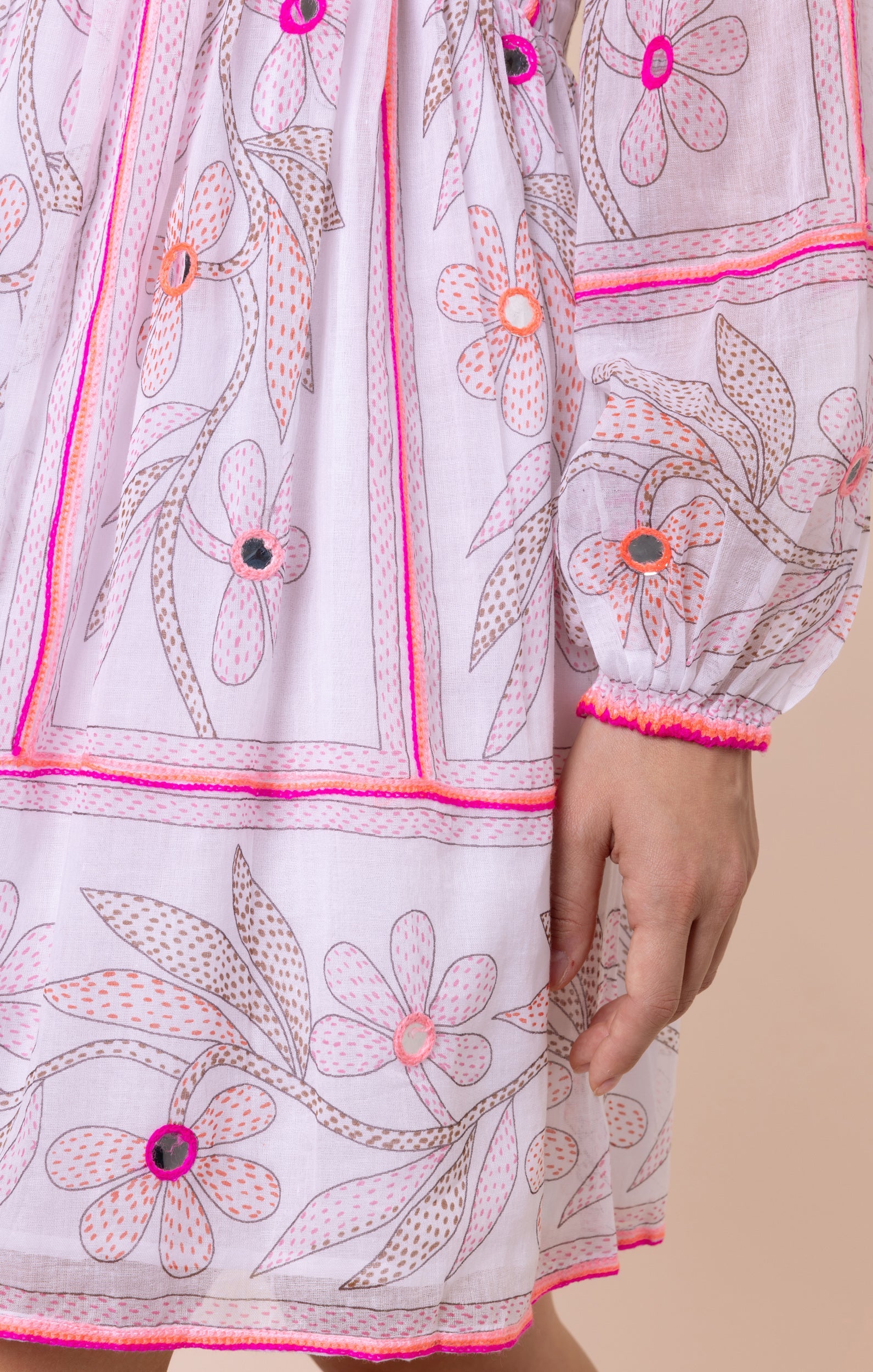 White & Pink Johri Print Bell Sleeve Dress with Mirrors