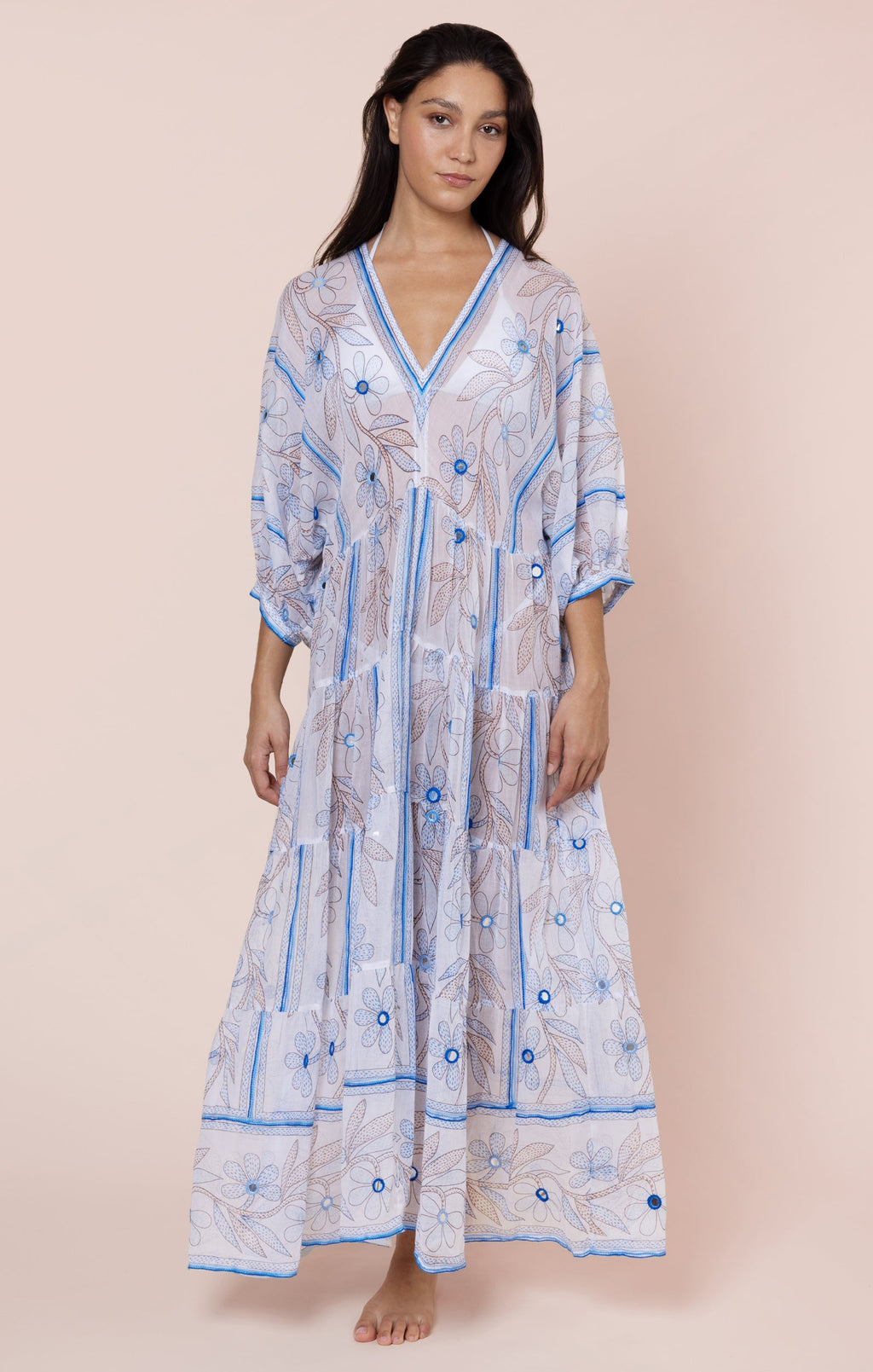 White & Blue Johri Print V Neck Maxi Dress with Mirrors