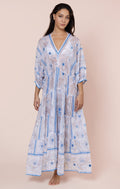 White & Blue Johri Print V Neck Maxi Dress with Mirrors