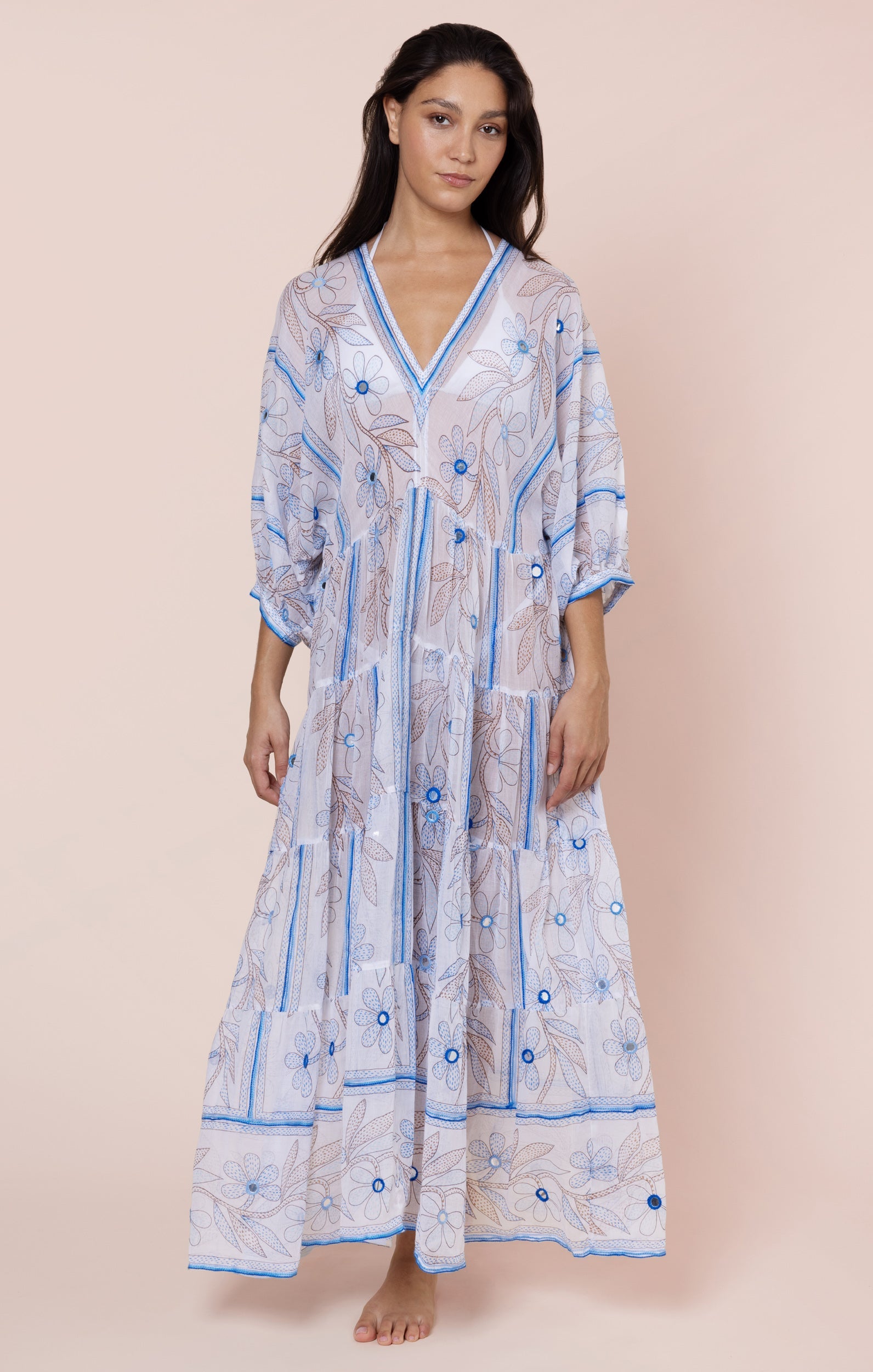 White & Blue Johri Print V Neck Maxi Dress with Mirrors