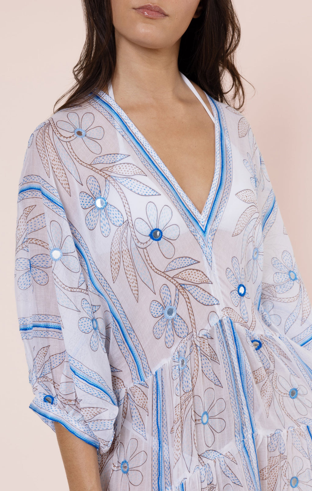 White & Blue Johri Print V Neck Maxi Dress with Mirrors