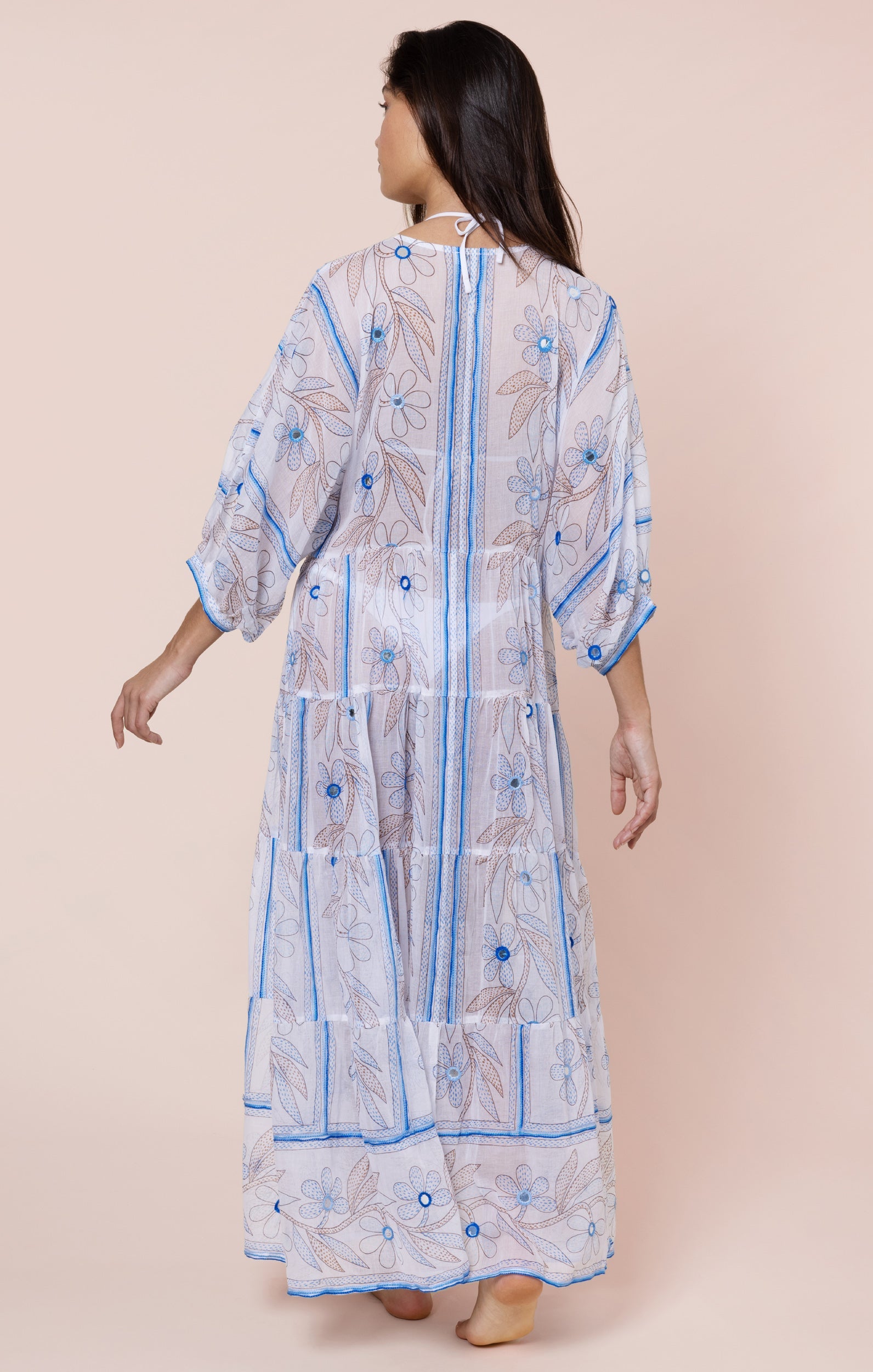 White & Blue Johri Print V Neck Maxi Dress with Mirrors