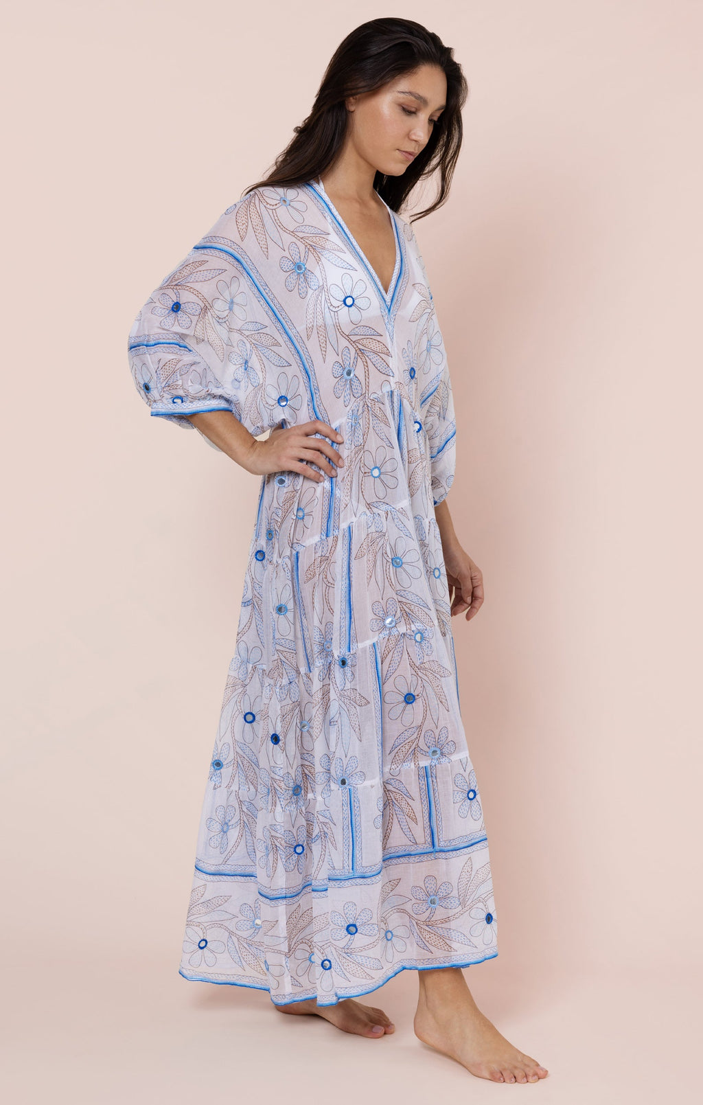 White & Blue Johri Print V Neck Maxi Dress with Mirrors