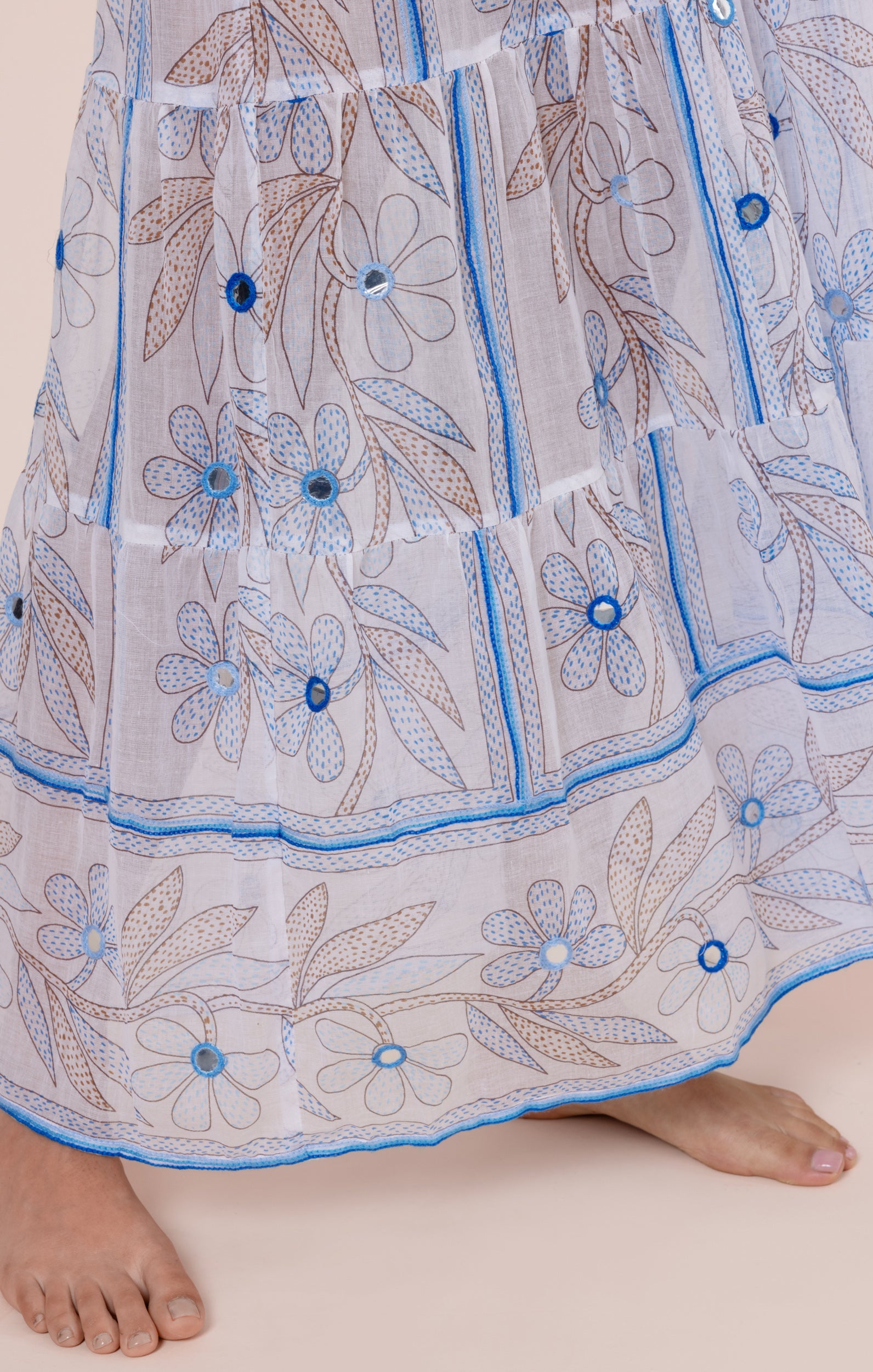 White & Blue Johri Print V Neck Maxi Dress with Mirrors