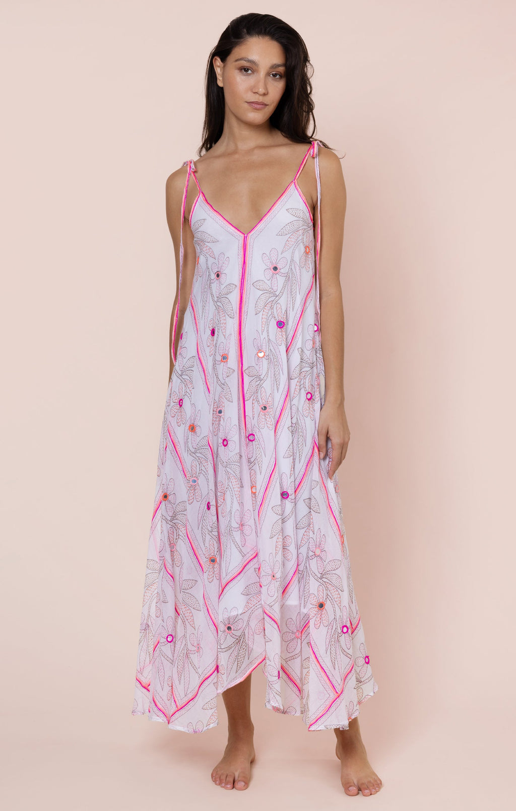White & Pink Johri Print Floaty Dress with Mirrors