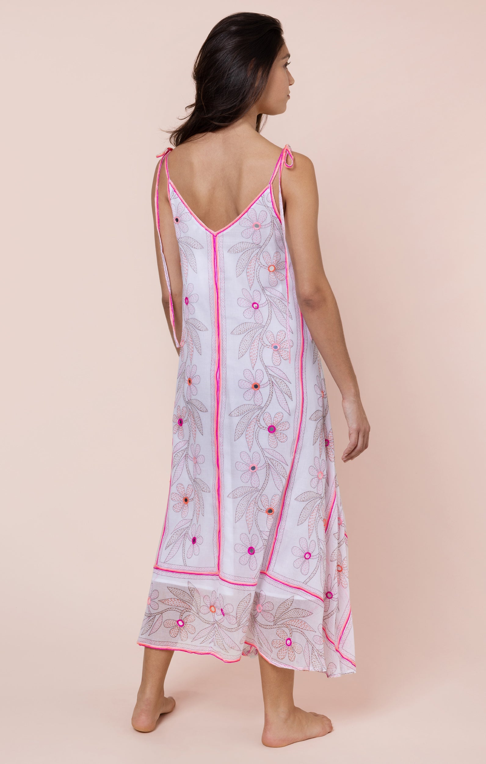White & Pink Johri Print Floaty Dress with Mirrors