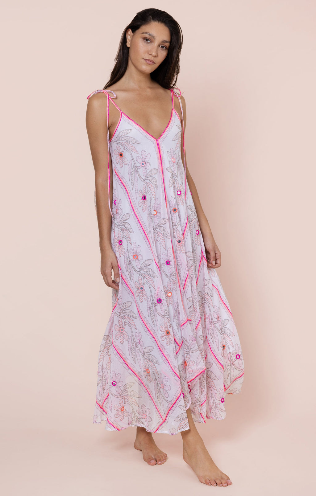 White & Pink Johri Print Floaty Dress with Mirrors
