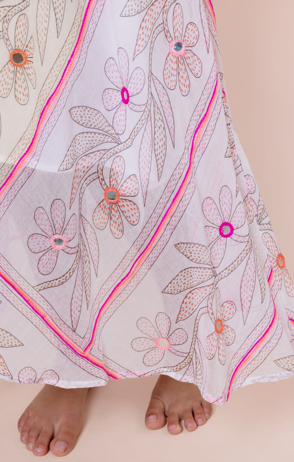 White & Pink Johri Print Floaty Dress with Mirrors