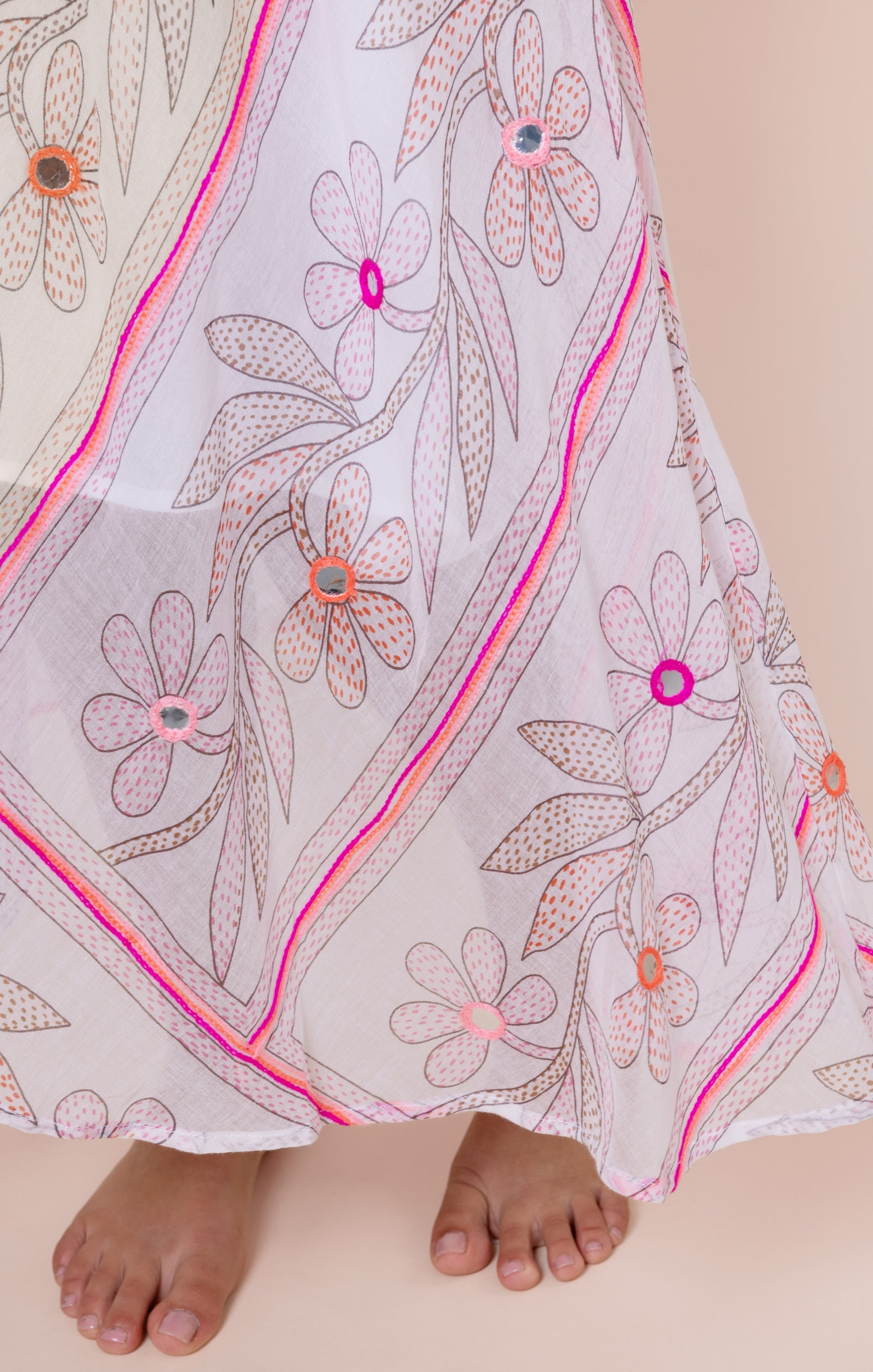 White & Pink Johri Print Floaty Dress with Mirrors