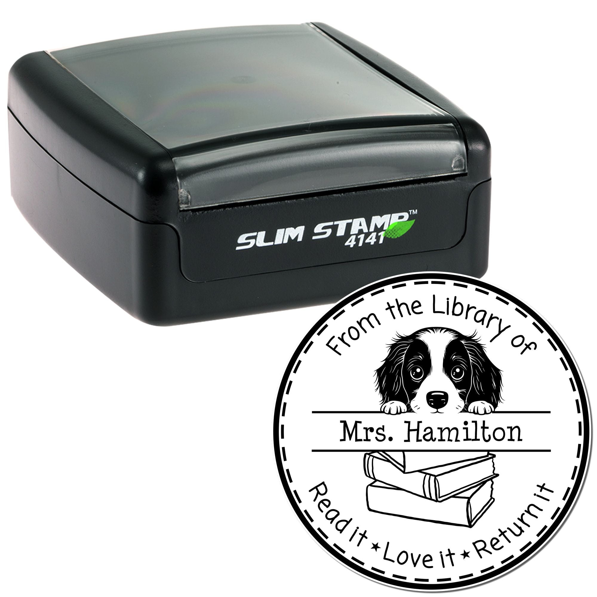 Black Slim Stamp 4141 and round library seal with dog, books, and Mrs. Hamilton text on white background.