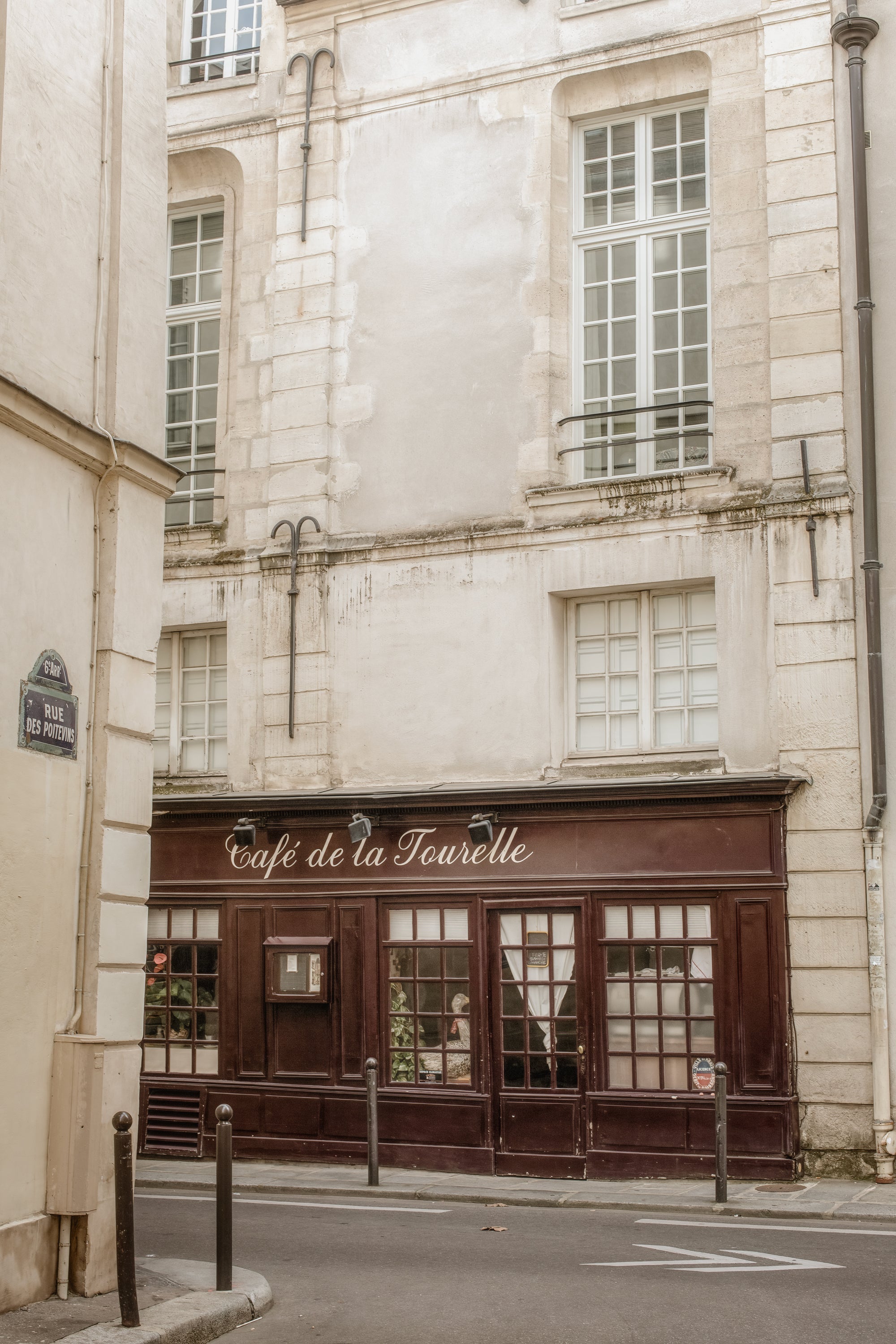 Café de la Tourelle facade along a quiet back street in the Latin Quarter of Paris, timeless, old-fashioned Parisian cafe, Quartier Latin. Museum-quality fine art print by Rebecca Skye Watson for Poesie Privee.