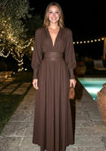 Long Sleeve Plunge V Neck Maxi Dress Brown