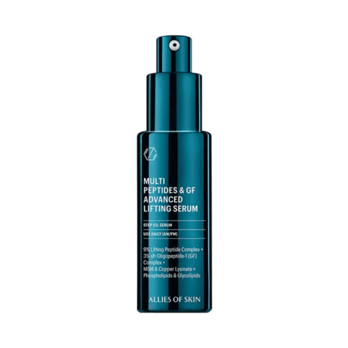Allies of Skin Multi Peptides Serum with Growth Factor in teal bottle for advanced lifting and anti-wrinkle face care. Ideal for sensitive skin types.