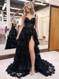 Off the Shoulder Black Lace Long Prom Dresses, Off Shoulder Black Lace Long Formal Evening Dresses