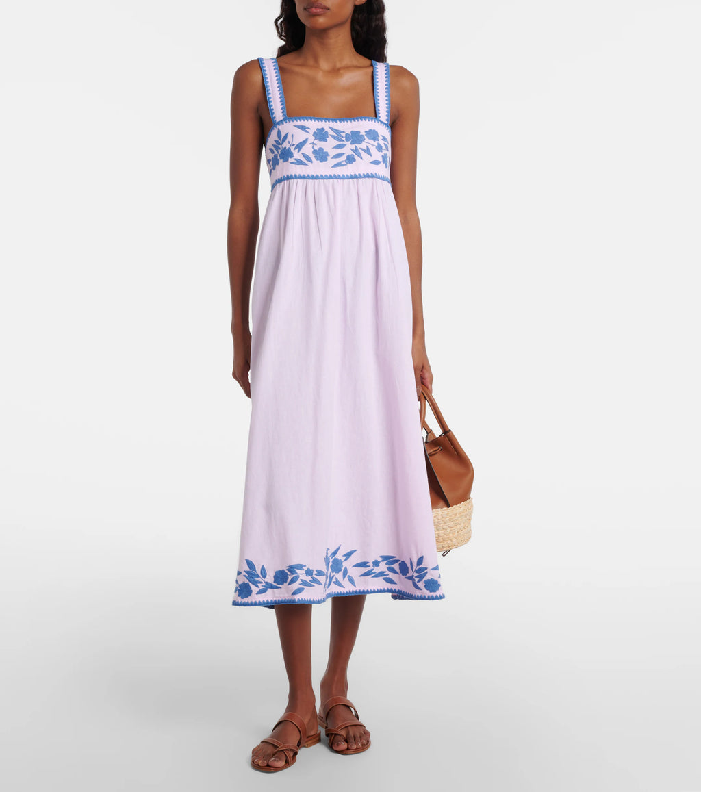 Embroidered cotton and linen midi dress
