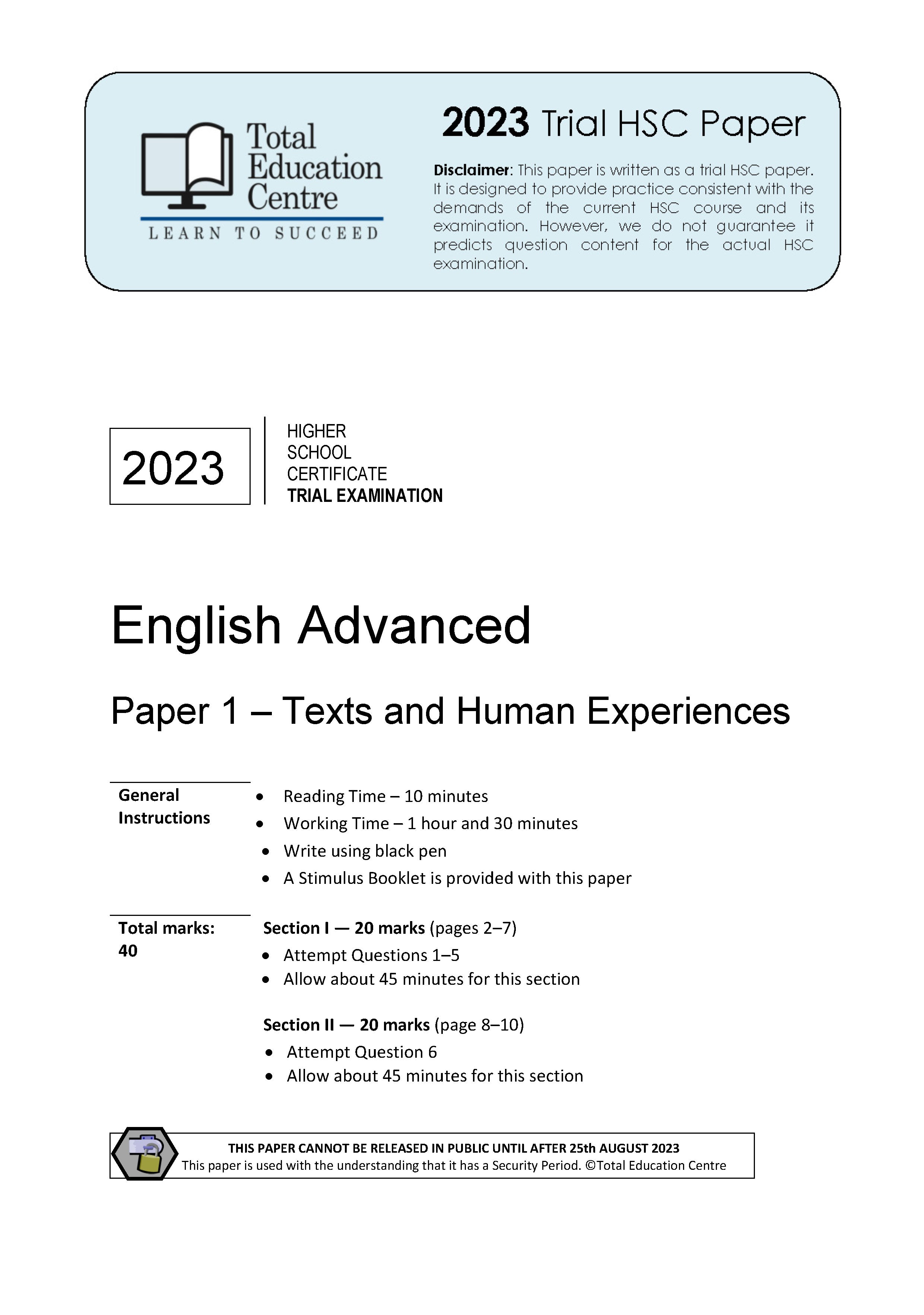 2023 Trial HSC English Advanced Paper 1