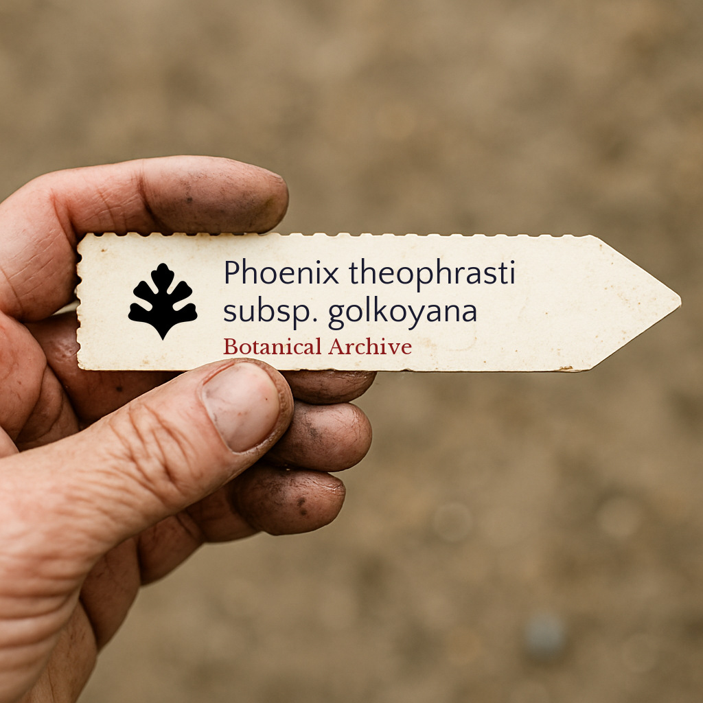 Printed plant label for Phoenix theophrasti subsp. golkoyana held by hand with soil-stained fingers