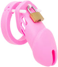 Pink HoD600 standard size chastity device made of silicone. The cage has three air vents on the side and there's a brass padlock locked onto a white plastic pin at the top of the kit.