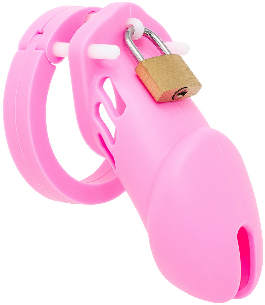 Pink HoD600 standard size chastity device made of silicone. The cage has three air vents on the side and there's a brass padlock locked onto a white plastic pin at the top of the kit.