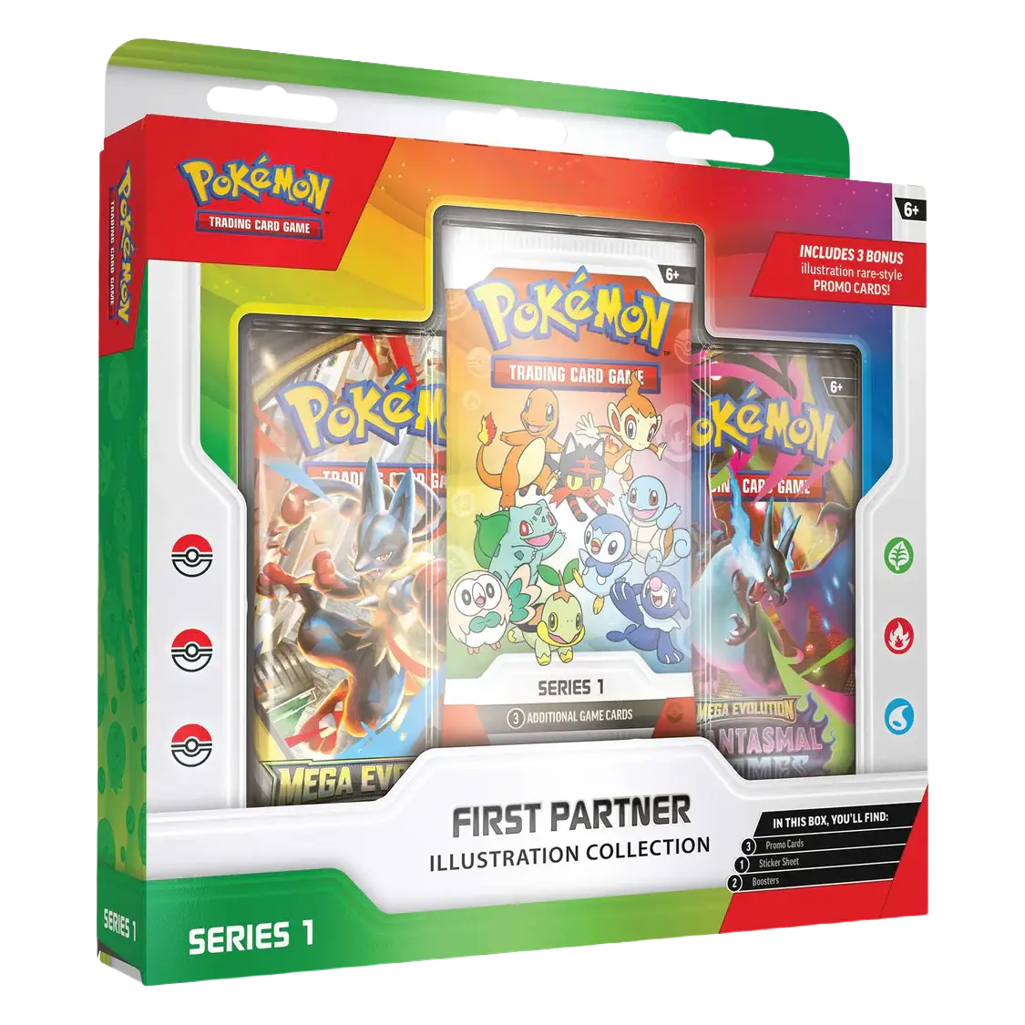 First Partner Illustration Box Series 1 featuring exclusive promo cards and three booster packs from Pokémon.