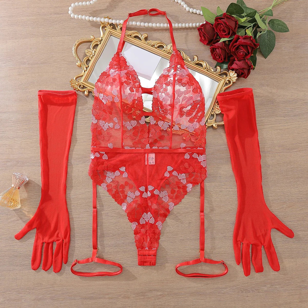 Shereen Lace Embroidery Bodysuit with Gloves - Passion HQ