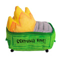 The Snugarooz Everything's Fine dog toy is a plush green dumpster with yellow-orange flames and "EVERYTHING'S FINE!" in black on the side—a hilarious, squeaky fun toy for your pup.