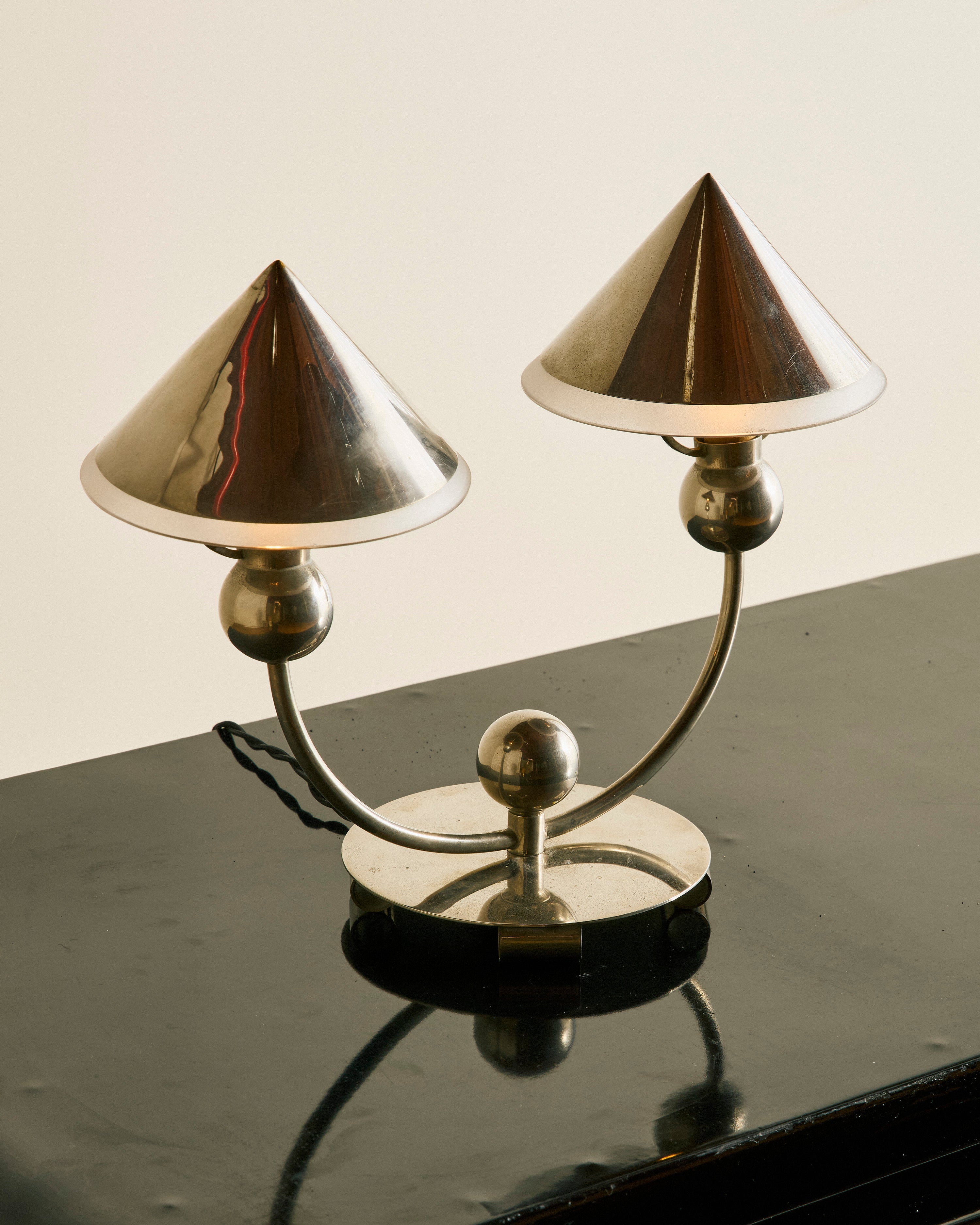 MARC ERROL NICKEL PLATED BRASS AND SMOKED GLASS TABLE LAMP C. 1930