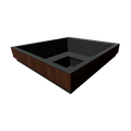 A modern square outdoor fire pit or planter with a black interior and a textured dark brown exterior, shown on a plain white background.