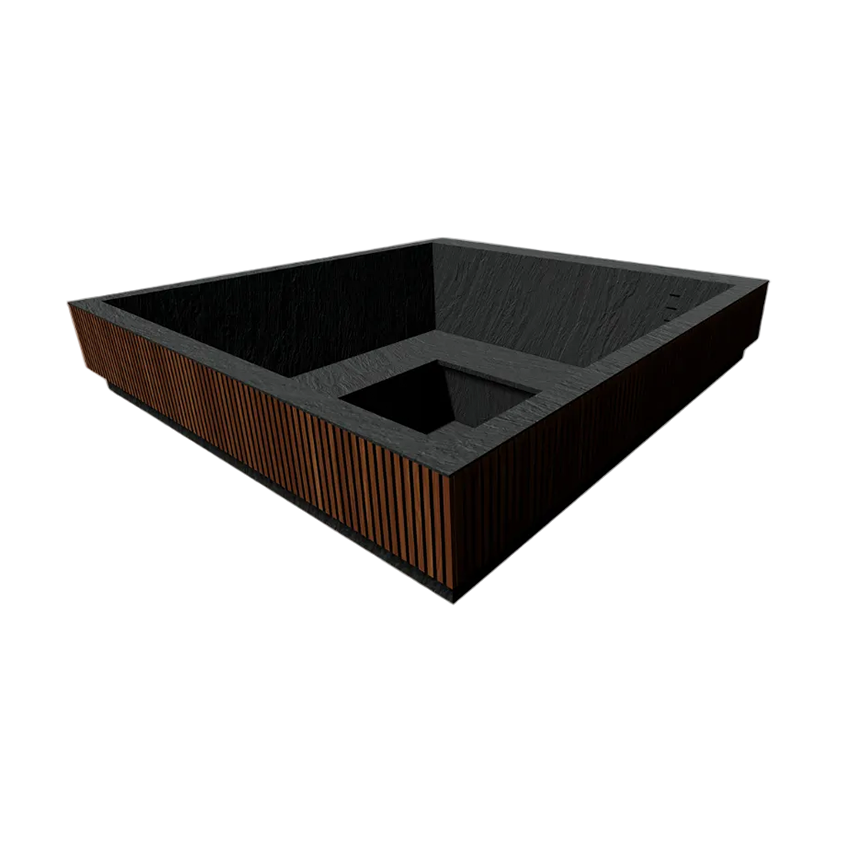 A modern square outdoor fire pit or planter with a black interior and a textured dark brown exterior, shown on a plain white background.