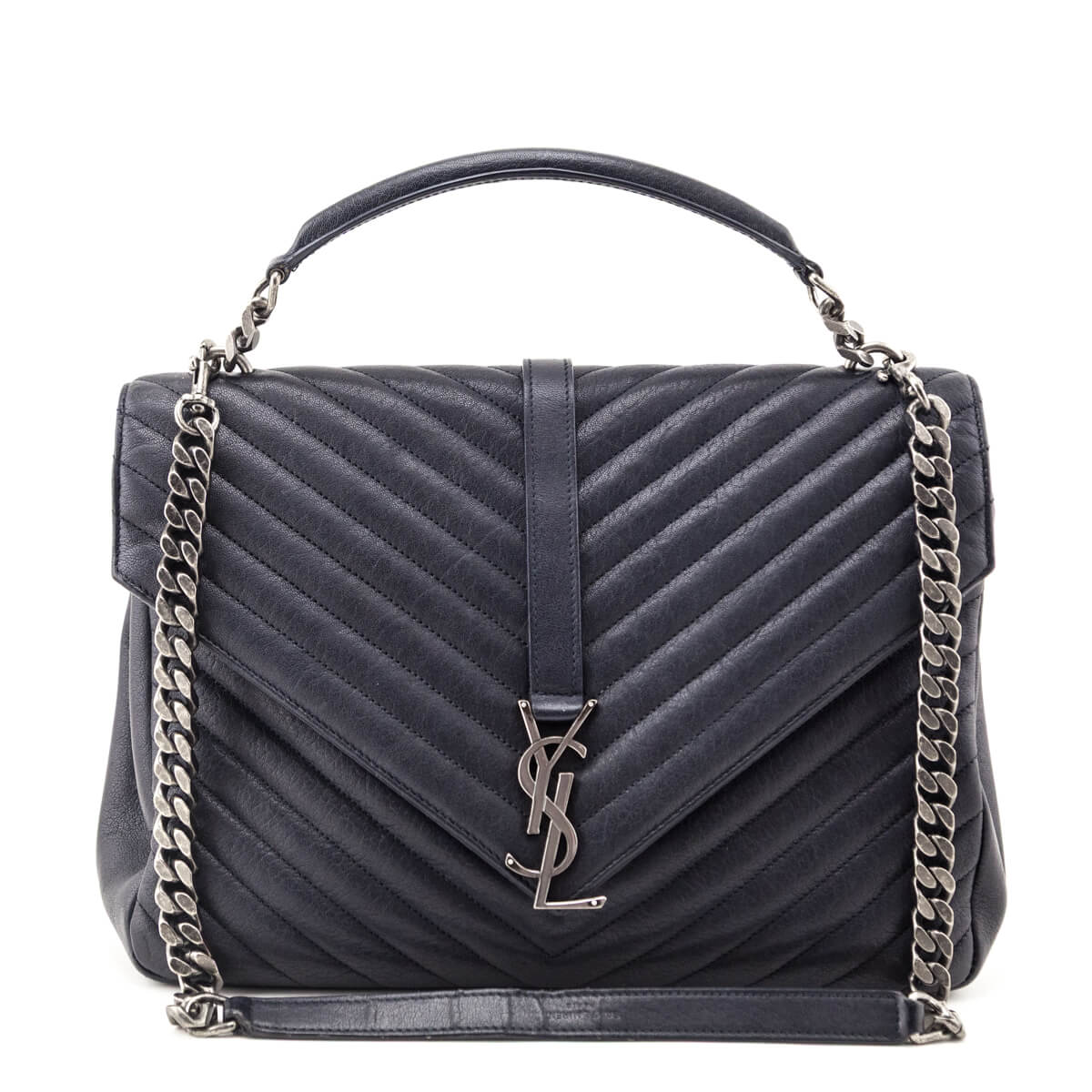 Saint Laurent Navy Chevron Matelasse Sheepskin Large College Bag - Love that Bag etc - Preowned Authentic Designer Handbags & Preloved Fashions