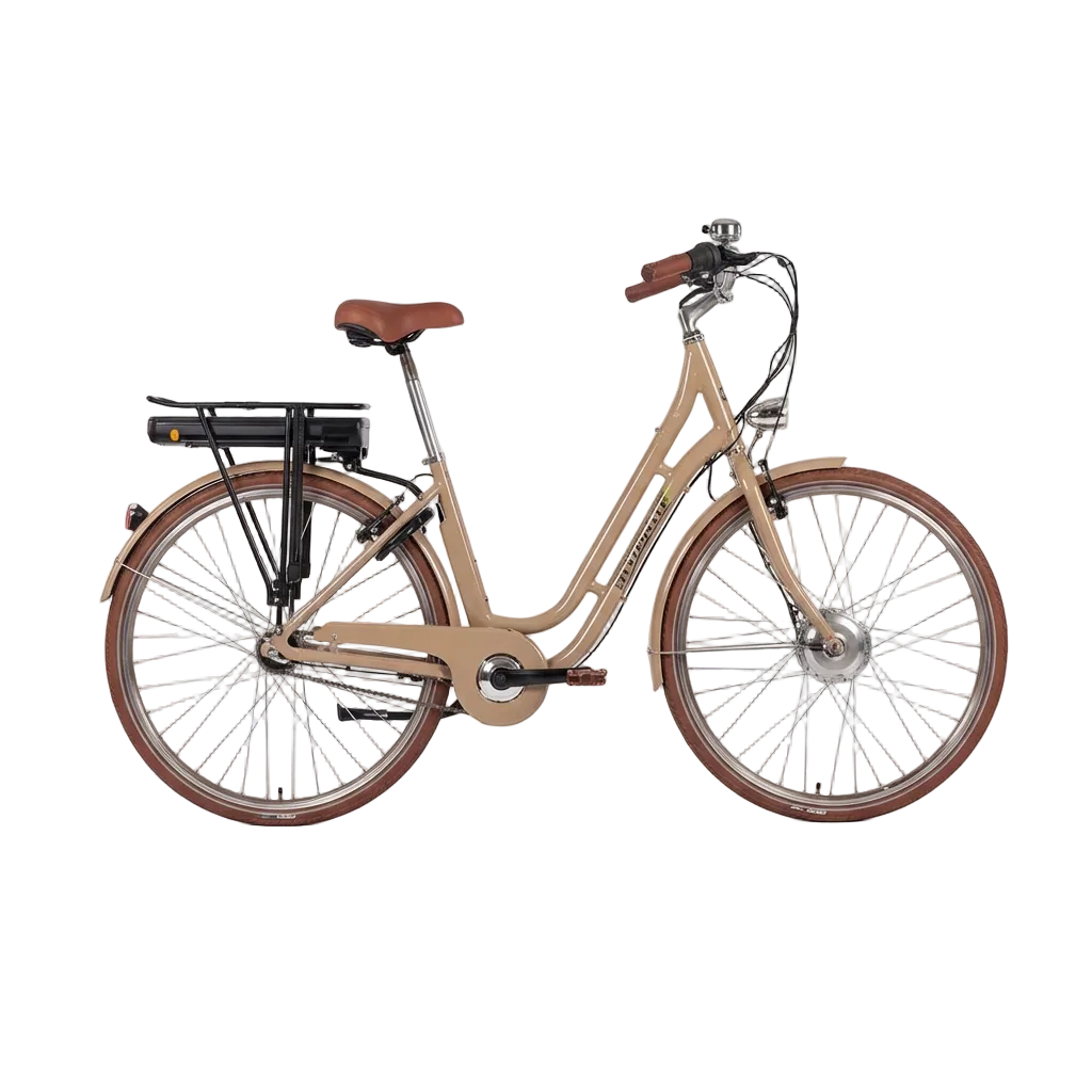 Saxonette Classic Plus 2.0 E-Citybike Seitenansicht, Vintage-Rahmen mit integriertem Akku und tiefem Einstieg