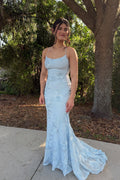 Straps Light Blue Floral Mermaid Long Dress