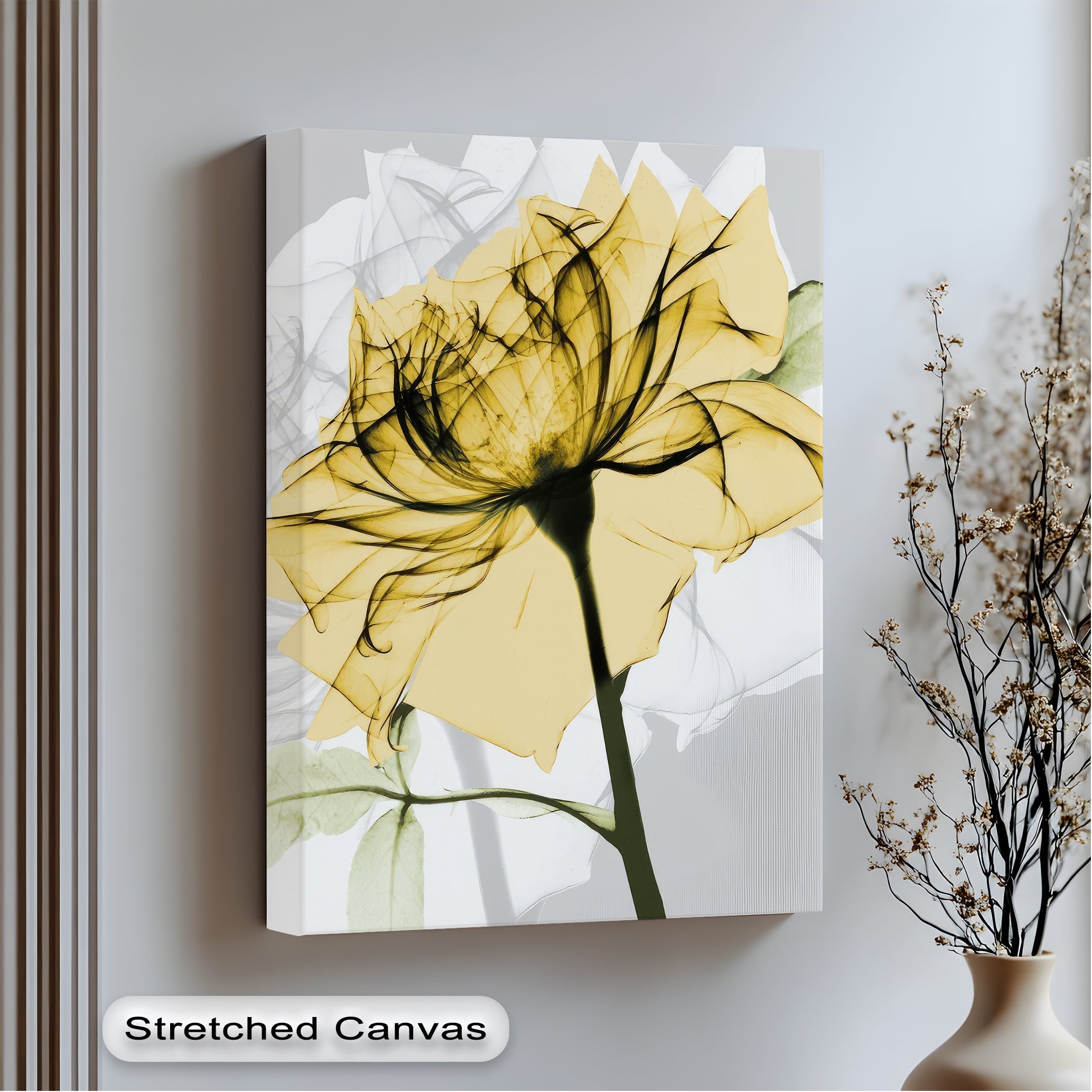 Featuring an abstract and translucent golden bloom, the premium canvas decor reveals a delicate botanical form in this radiant yellow floral canvas print.