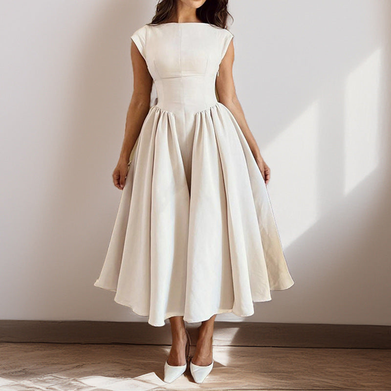 Dames Elegante Midi Jurk Met Ronde Hals En Uitlopende Rok
