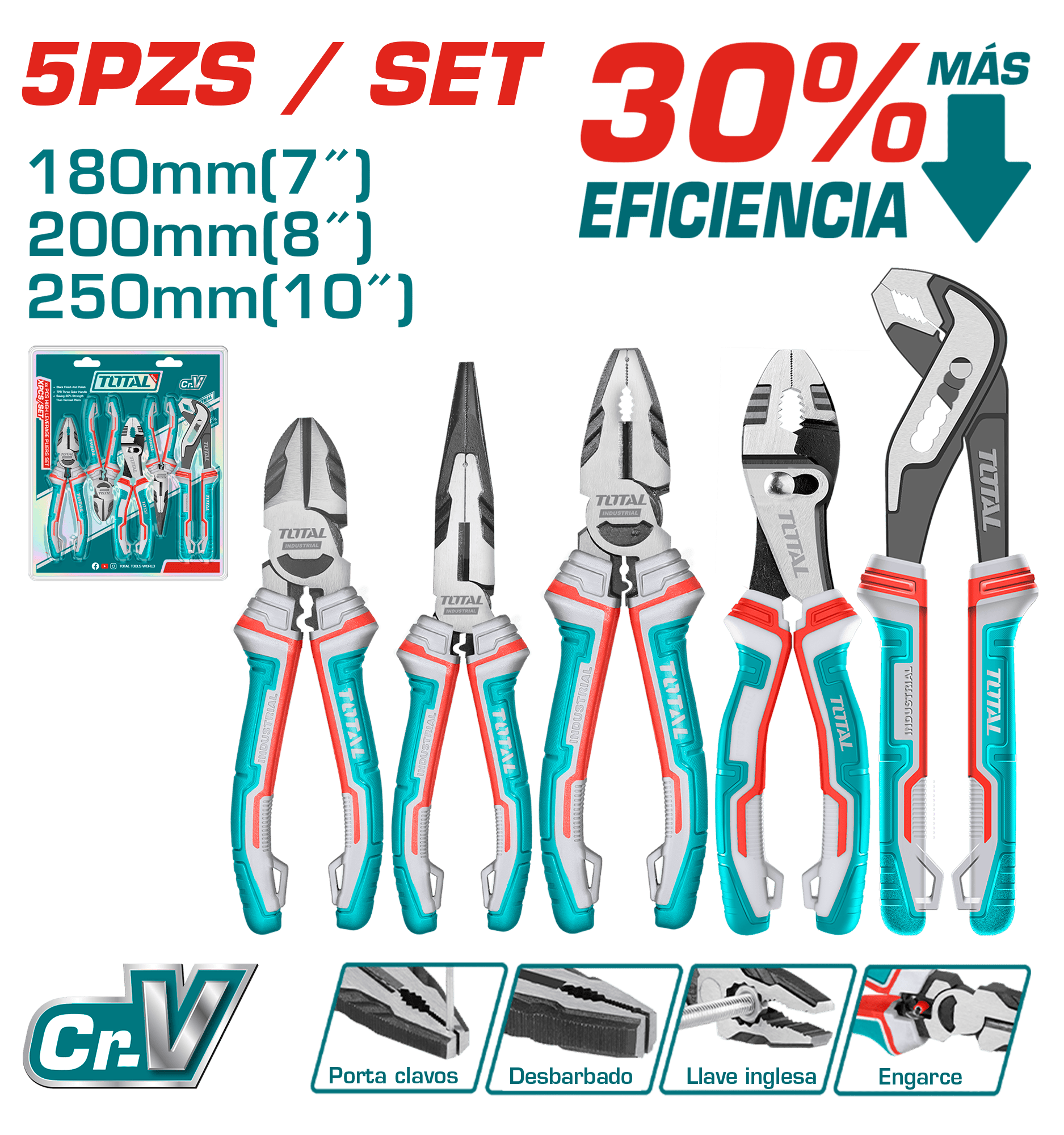 JUEGO DE ALICATE X 5 PIEZAS  CROMO VANADIUM INDUSTRIAL TOTAL (THT2K0588)