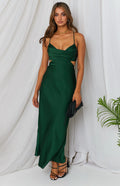 Beginning Boutique Taleah Cut Out Maxi Dress Green emerald satin cowl neck maxi dress with side cutouts and spaghetti straps