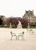 Image of a peaceful moment in Tuileries Gardens in Paris with purple Judas tree in bloom in the background