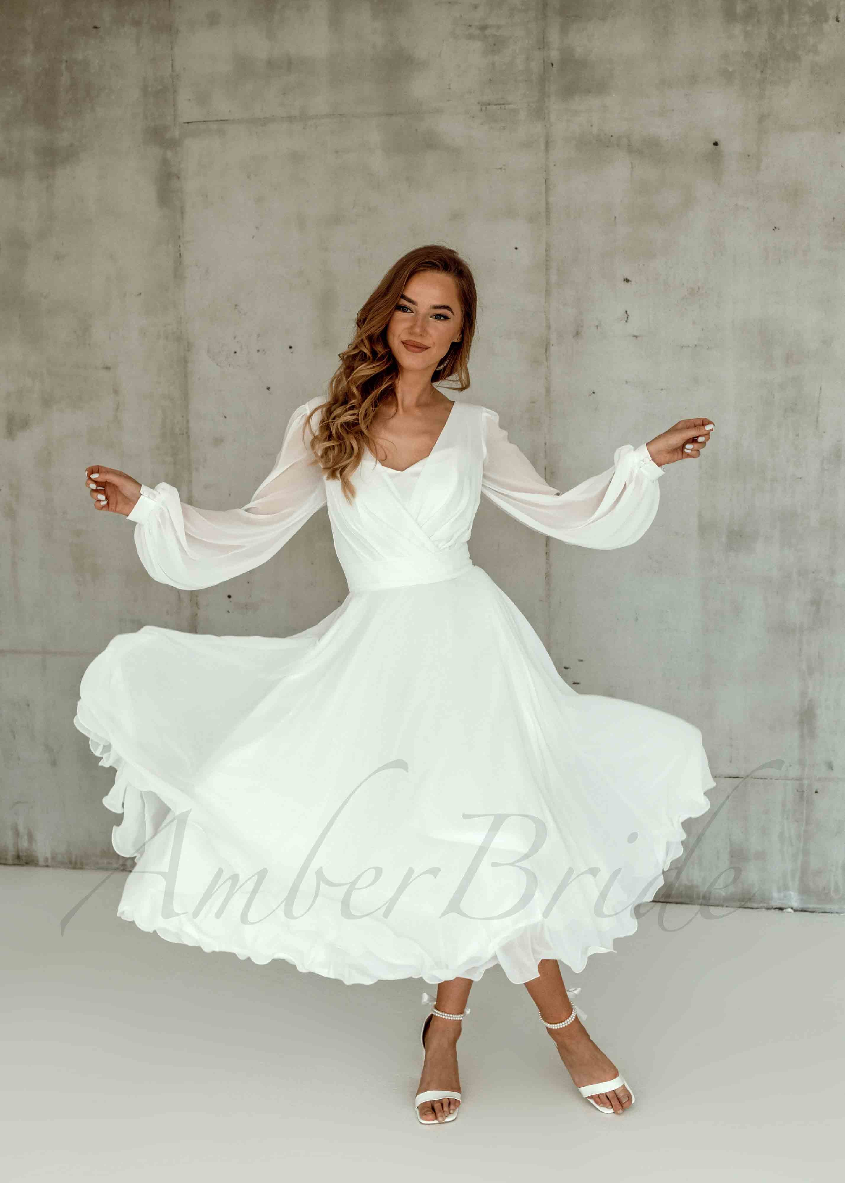 Tea-Length Chiffon Dress with Puffy Long Sleeves for Wedding Reception – front view | AmberBride