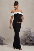In Bloom | Black & White Bardot Maternity Maxi Dress With Flower - Club L London - USA