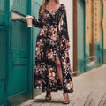 WXLWZYWL Fall Winter Dresses for Women 2024 Women's Fall Dress Long Sleeve Maxi Dress 2024 Trendy Plus Size V-Neck Holiday Casual Floral Printed Split Dress
